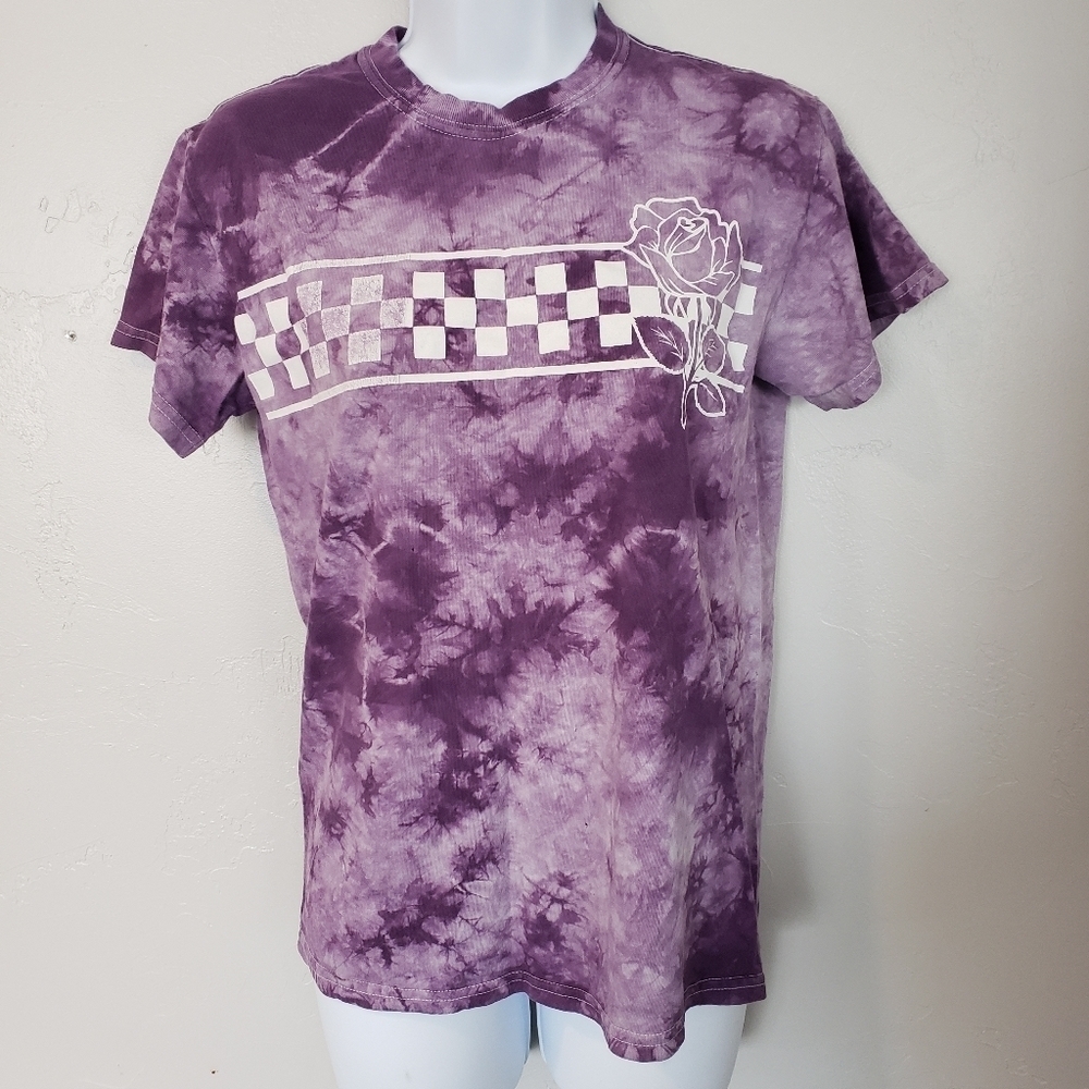 Purple Tie Dye Checkered Rose Tee T-Shirt Small Short Sleeve
